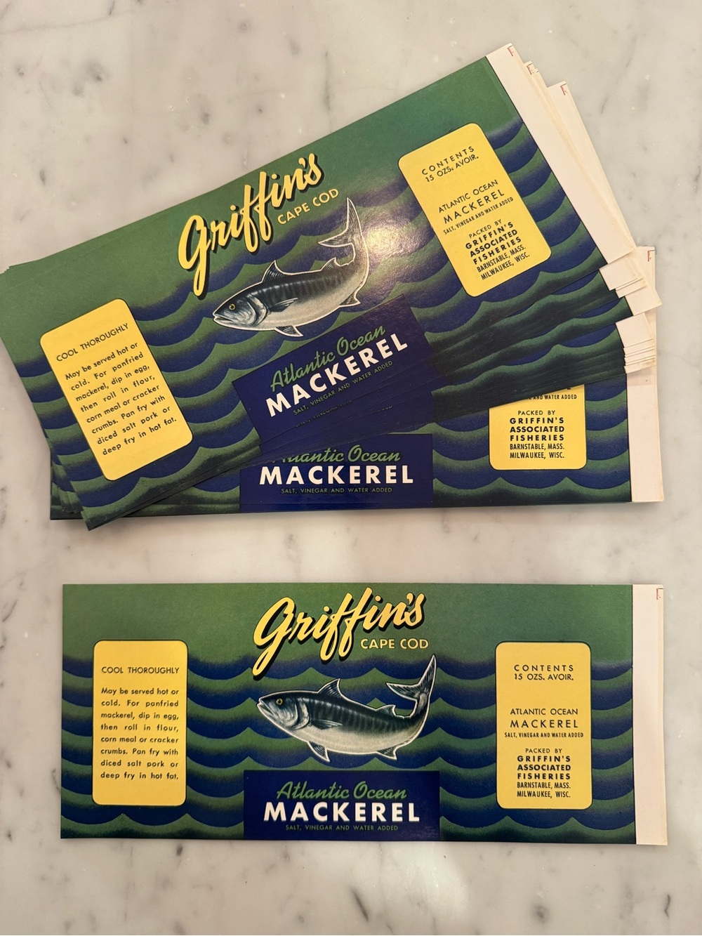 Griffin's Atlantic Ocean Mackerel Label - Green & Navy vintage set of 50